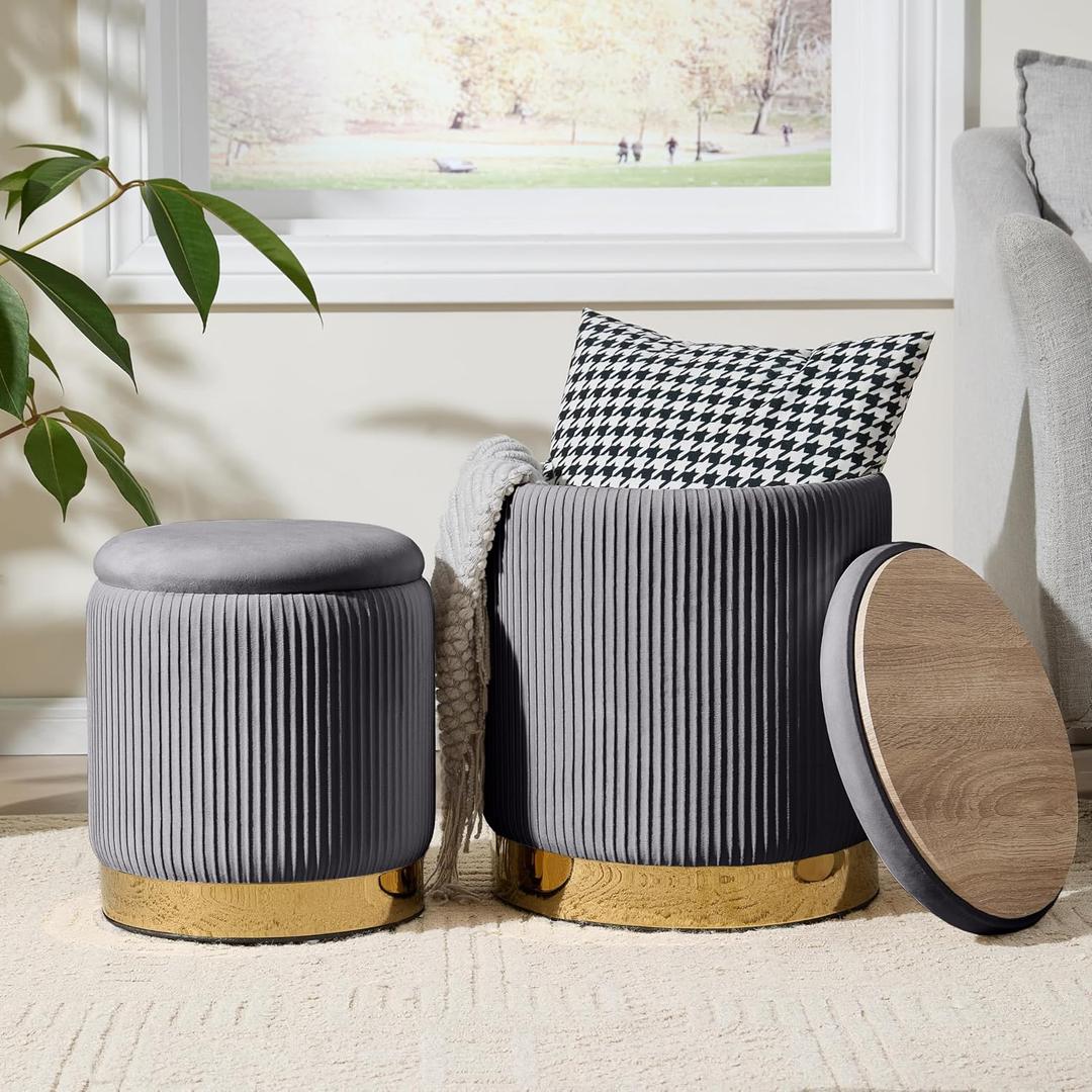 Royal Windsor Round Ottoman with Storage Set of 2, Storage Vanity Stool, 15.4"D x 15.4"W x 17.7"H