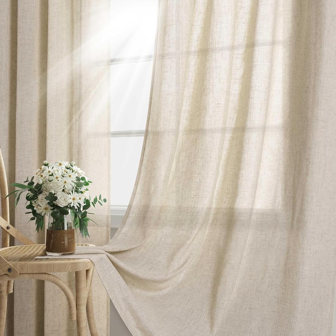 Beige Tan Linen Curtains  2 Panel for Bedroom Grommet Burlap Flax Linen Drape Semi Sheer Light Filtering Privacy Neutral Rustic Farmhouse Window Curtain  for Living Room  60x82 Inch