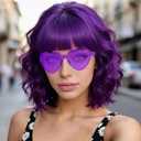 Dark Purple Wavy Curly Bob Wig with Heart Sunglasses for Women, 14 Inch Colored Neon Fun Party Curly Synthetic Wigs Hair Cap for Cosplay Halloween Costume Bachelorette Party Music Festival