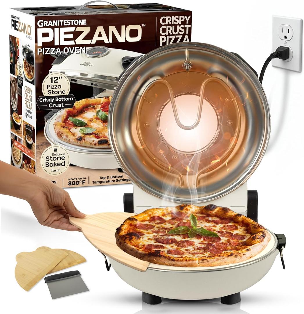 PIEZANO Crispy Crust Pizza Oven by Granitestone  12 Inch Electric Pizza Oven Indoor Countertop Maker with Ceramic Stone Heats up to 800F for Delicious Stone Baked Pizzeria Style Pizza at Home (Original, Cream)