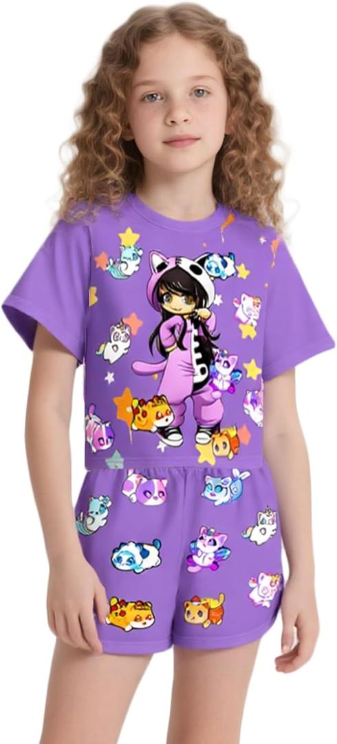 Long Sleeve and Pants Girls Set Cartoon Shirt Set Kids Casual Outfit Fashion Playwear Clothes (6-7 Years, Dark Purple)