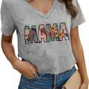 Floral Mama V Neck T-Shirt for Women Retro Mom Shirt Boho Spring Wild Flowers Graphic Short Sleeve Tops Mother's Day Tee (Gray, XXL)