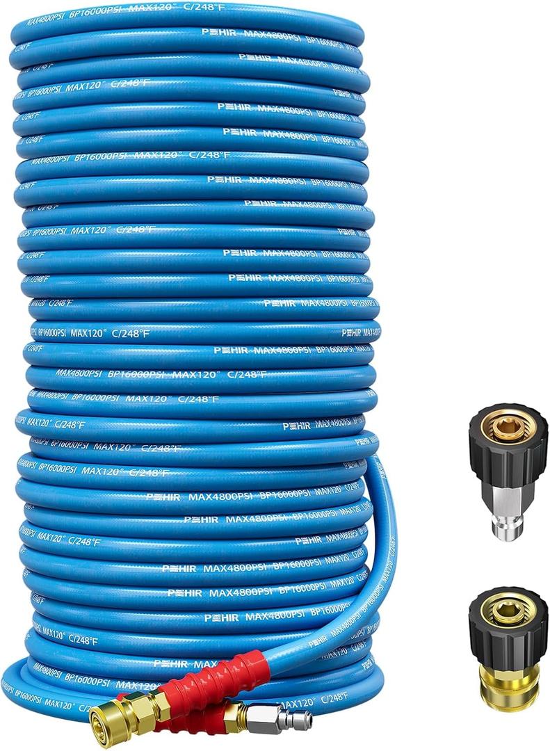 POHIR 150ft Pressure Washer Hose 3/8" 4800 PSI, Kink Resistant Industrial Grade Hose with Quick Connect Ends and Adapters for Hot & Cold Water up to 248F, Steel Wire Braided Hose for Power Washing