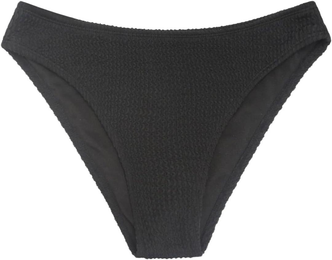 Milumia Women's Textured Bikini Bottoms Mid Waisted Cheeky Beach Swimsuit Bottoms (Medium, Black)