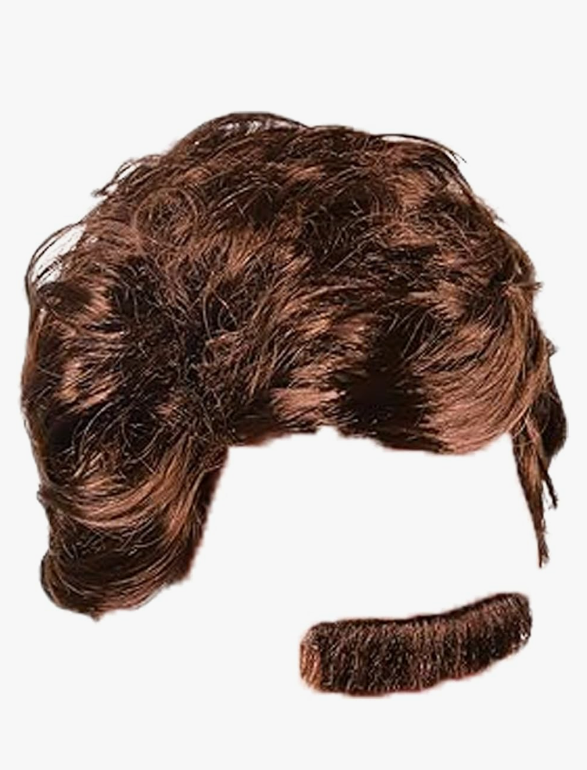 Kangaroo 70s Mens Wig and Mustache - Fake Brown Mustache and Short Curly Wigs For Men Costume - Mens Disco Hair Accessory for Funny Costumes Cosplay Dress up Apparel For New Year Parties