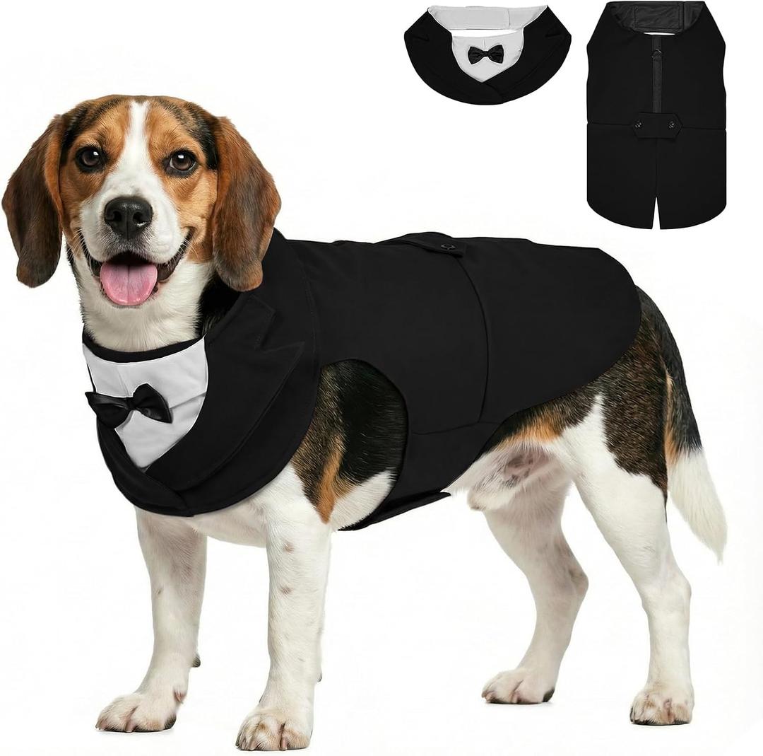 Supet Dog Tuxedo and Bandana Set with Bow Tie, Formal Outfit for Wedding Birthday Party Graduation Valentines, Pet Suit Clothes for Large Medium Small Dogs (Black, M)