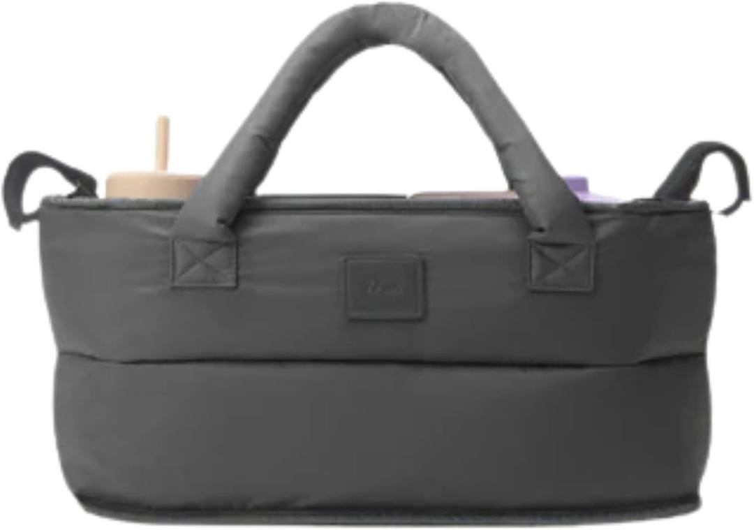 7 A.M. Universal Stroller Organizer Bag - Easy Grab Top Handles, Stroller Caddy with Cup Holder, 3 Open Compartments, Adjustable Stroller Straps & Zippered Wallet Pocket (Smokey)