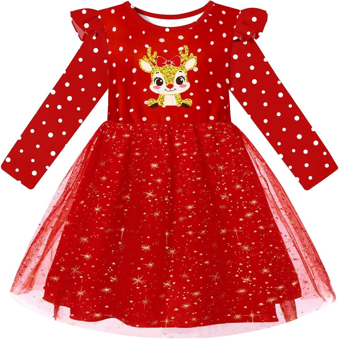 Toddler Girls Christmas Tulle Dress Sequin Princess Party Dresses Long Sleeve Xmas Clothes 2-6 Years (Red)