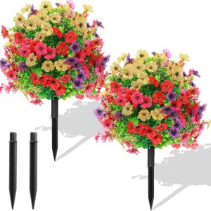 Hotop 2 Pack 22" Artificial Flowers Boxwood Ball Topiary Bush Trees with Spike, UV Resistant Plastic Faux Flowers Shrubs Decoration for Outdoor Indoor Front Porch Garden Home Wedding