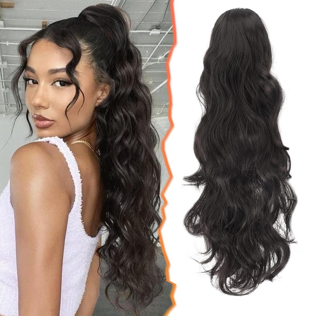 BARSDAR Dark Brown Ponytail Extension - 20 Inch Claw Clip in Ponytail Hair Extensions for Women, Long Wavy Ponytails Synthetic Claw Clip in Pony Tails Hairpieces Daily - Dark Brown