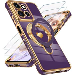 for Motorola Moto G 2026 Cute Love Heart Kickstand Woman Girls Phone Case with Screen Protector: Luxury Plated Gold Edge Soft TPU Full Camera Protection Cover for Moto G Play 2026 (Deep Purple)