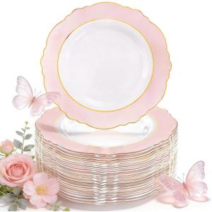 WDF 60pcs Pink Plastic Plates - 10.25inch Baroque Pink And Gold Disposable Dinner Plates for Upscale Parties -Special for Mother's Day/Baby Shower/Birthday/Spring