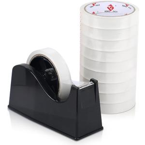 BOMEI PACK Desktop Tape Dispenser (Fits 1" & 3" Core) with Transparent Tape Refills, Clear Tape with Black Tape Holder,Weighted Non Slip Base, for Masking Tape,Heat Resistant Tape