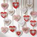 Kathfly 24 Pcs Vintage Valentines Wooden Heart Ornaments Rustic Valentine's Day Tree Hanging Decorations Retro Wood Heart Decor with Lace Bows for Farmhouse Home Office Wedding(Classic)