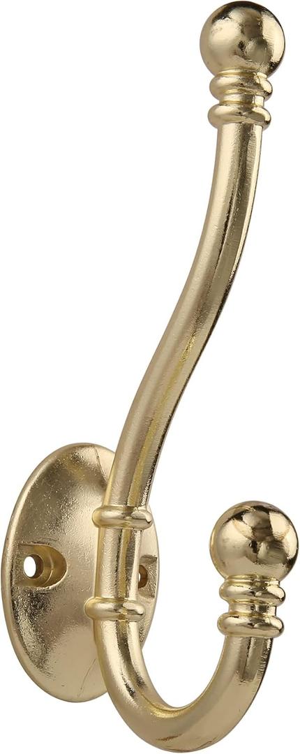 HASWARE 6 PCS Double Prong Robe Hook, Large Dual Coat Hooks with 12 Pieces Screws Wall Mounted Hooks Robe Antique Hooks Hangers Heavy Duty for Home Coats Hat Clothes Hanger Towel Keys (Bright Brass)