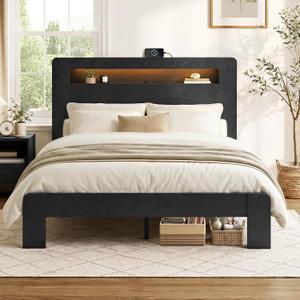 KISLOT Farmhouse Bed Frame with LED Lights and Storage, Black, Queen