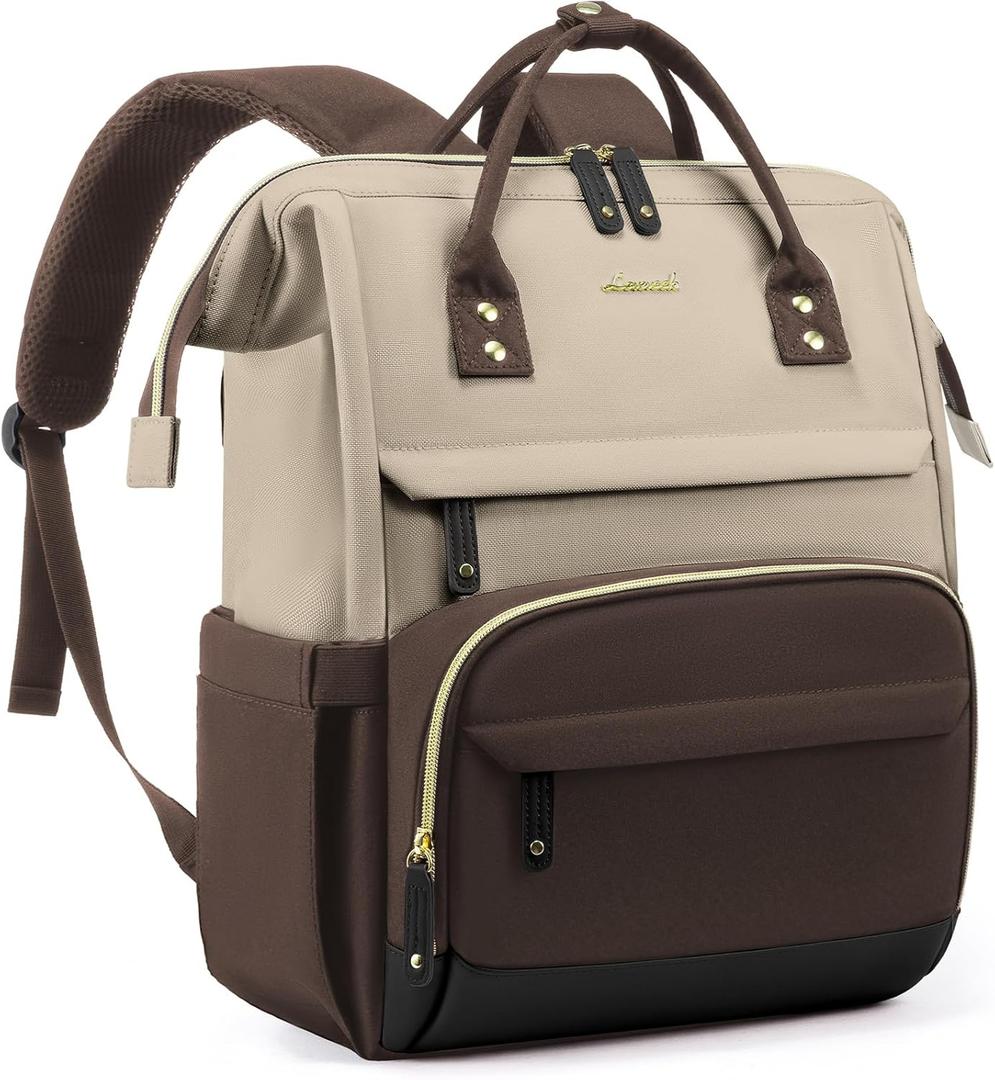 LOVEVOOK Laptop Backpack for Women, 17 Inch Work Business Backpacks Purse With Large Capacity, Waterproof Nurse Bag College Bookbag for School, Waterproof Casual Daypack for Travel (Apricot-coffee)
