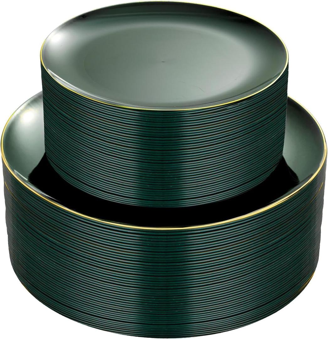 PULOTE 100PCS Green Plastic Plates - Green Disposable Plates With Gold Rim - Include 50 Pieces Dinner 10.25inch,50 Pieces Dessert 7.5inch for Party&Christmas