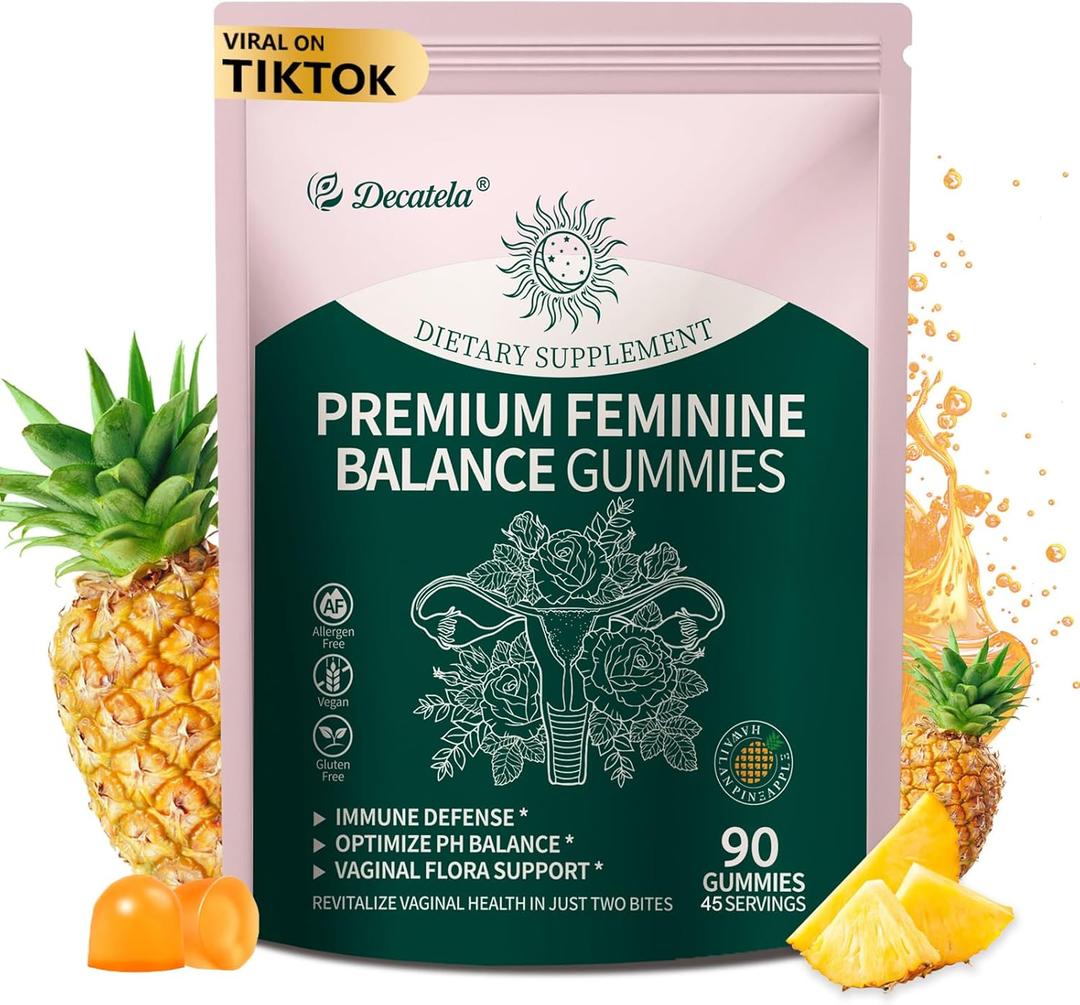 Decatela 90 Count Premium Feminine Balance Gummies for Women, with Probiotics - pH Balance & Immune Support + Odor Control - Vegan Gluten-Free Hawaiian Pineapple Flavor (45 Servings)