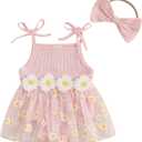Baby Girl Clothes Daisy Ribbed Bodysuit Sleeveless Romper Dress Summer Outfit for Girls 12 18 Months (Pink)