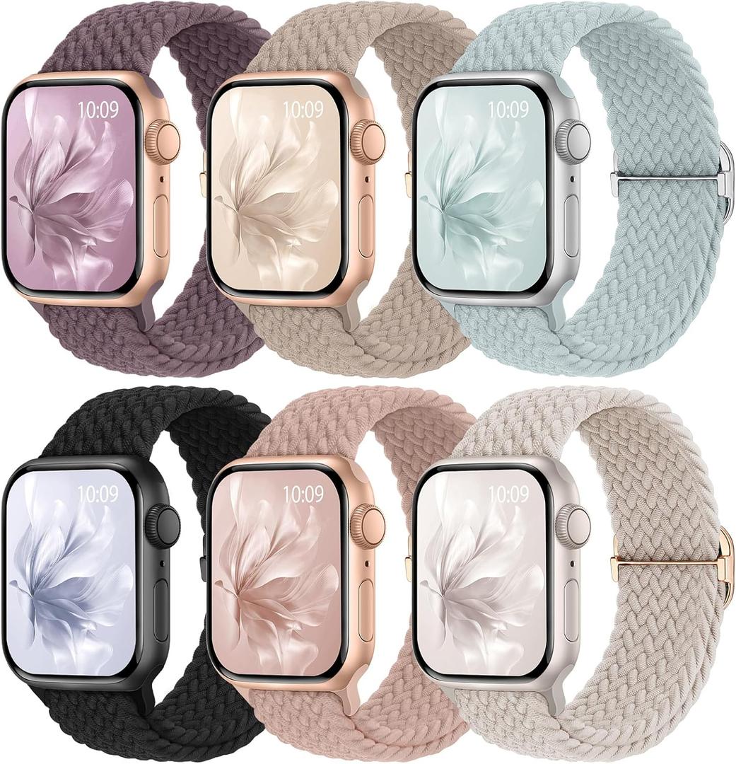 6 Pack Braided Stretchy Bands Compatible with Apple Watch Band 44mm/45mm/46mm/49mm/42mm Women Men, Adjustable Nylon Solo Loop Elastic Straps for iWatch Series 3, 2, 1 (Black/Starlight/Milk Tea/Succulent/Nude Pink/Smoke Violet)