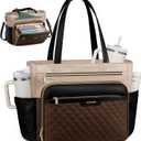 LOVEVOOK Teacher Tote Bag with Accordion File Pocket, Soft PU Leather Work Briefcase Quilted Laptop Bag with Large Cup Holder (15.6 inch, Apricot Coffee)