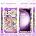 for Galaxy S23 Ultra Case,3 in 1 Oil Painting Flower Pattern Heavy Duty Shockproof Protection Silicone Rubber Bumper+Hard Plastic Protective Cover for Samsung S23 Ultra 6.8",Purple/Pink