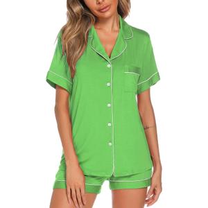 Aamikast Button Up Pajama Set for Women Shorts Short Sleeve Knit Sleepwear 2 Pice Pjs Sets (Green, L)