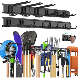 "96 Garage Tool Organizer Wall Mount - Heavy Duty 1020 lbs Metal Storage Rack, Easy Install Adjustable Hooks for Garden Tools Brooms