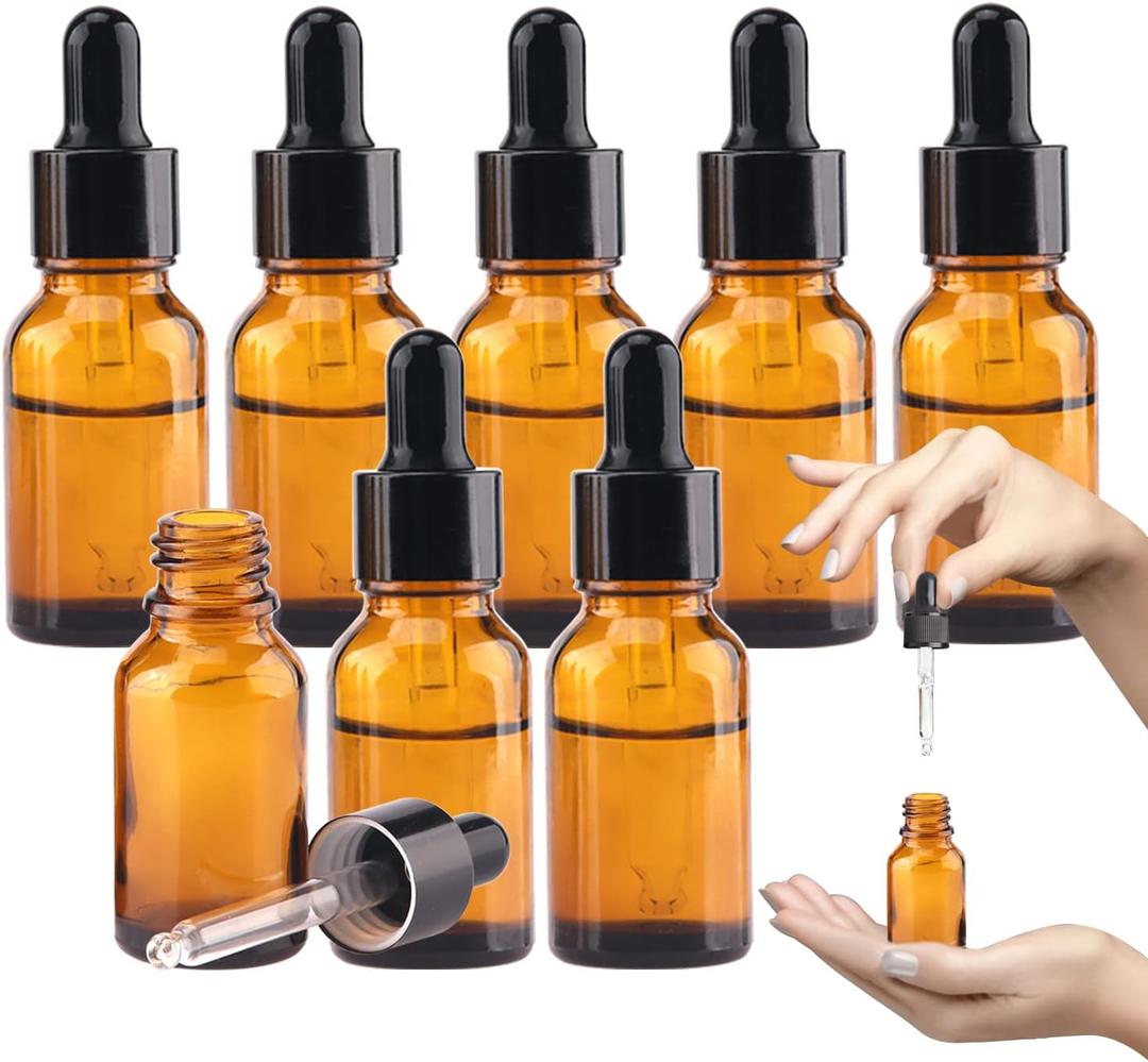 1/2 oz Glass Dropper Bottle, 15ml Amber Tincture Bottle with Dropper, Label, Leak-Proof Travel Dropper Bottles for Essential Oils, Fragrances and Concentrated Tincture Extracts (8 Pcs)