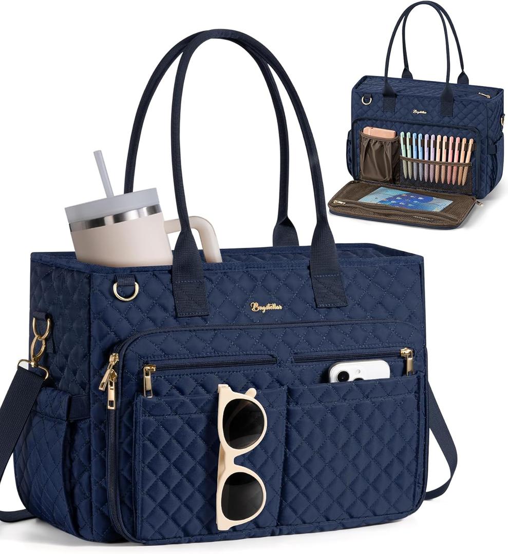 Teacher Bags for Women, 15.6 inch Laptop Work Tote Bag Quilted Nurse Bible Bag Shoulder Handbag for School, Travel | with 40oz Cup Holder, Insulated Pocket, Adjustable Strap, Zipper, Computer Bag, Office Briefcase, Gift for Women (Navy Blue)