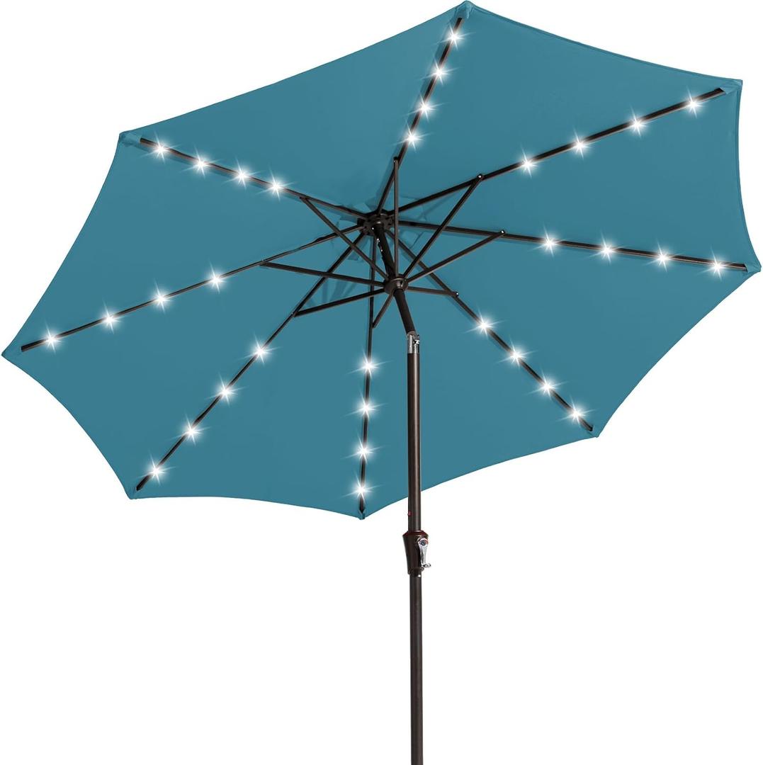 JEAREY Upgrade 9FT LED Lighted Patio Umbrella, Solar Outdoor Umbrella, Tilt Table Umbrella for Pool, Deck & Yard (Lake Blue)