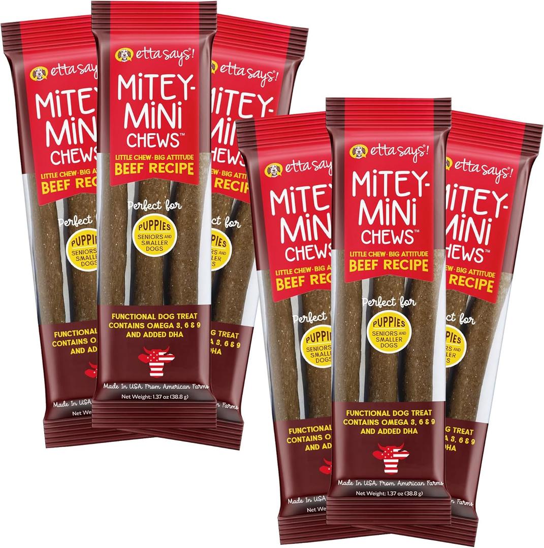 etta says! Mitey Mini Chews Dog Treats - Made in The USA - Grain-Free and Odor-Free - All-Natural Dog Chews - Perfect for Puppies and Senior Dogs - with Omega 3, 6, and 9 - Beef - 6 Pack, Best By 10/07/2026 etta says! Mitey Mini Chews Dog Treats - Made in The USA - Grain-Free and Odor-Free - All-Natural Dog Chews - Perfect for Puppies and Senior Dogs - with Omega 3, 6, and 9 - Beef - 6 Pack, Best By 10/07/2026