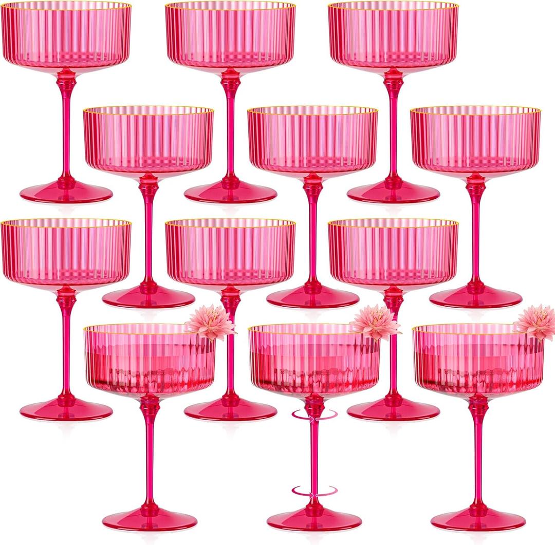 12 PCS Ribbed Coupe Glasses Hot Pink Plastic Champagne Coupe Cup 10oz Detachable Gold Rim Espresso Martini Glass Vintage Margarita Glassware Cocktail Glass Set for Valentine's Day Bachelorette Party