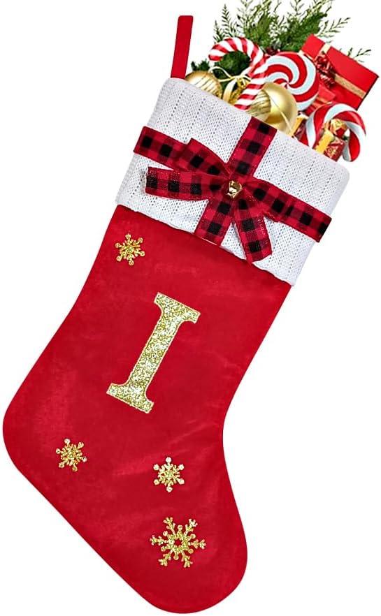 HYTENSUN Letter Christmas Stockings 15.6 Inches Monogram Red Velvet with Bell Xmas Stockings Classic Personalized Stocking Decorations for Family Holiday Season Decor, Letter N