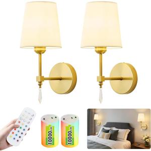 Wireless Wall sconces Set of Two,10000 Mah Battery Operated Wall Sconce with Remote,Dimmable 12 RGBS Rechargeable Wall Sconce,Cordless sconces wall decor set of 2 for Living Room,Bedroom (Gold)
