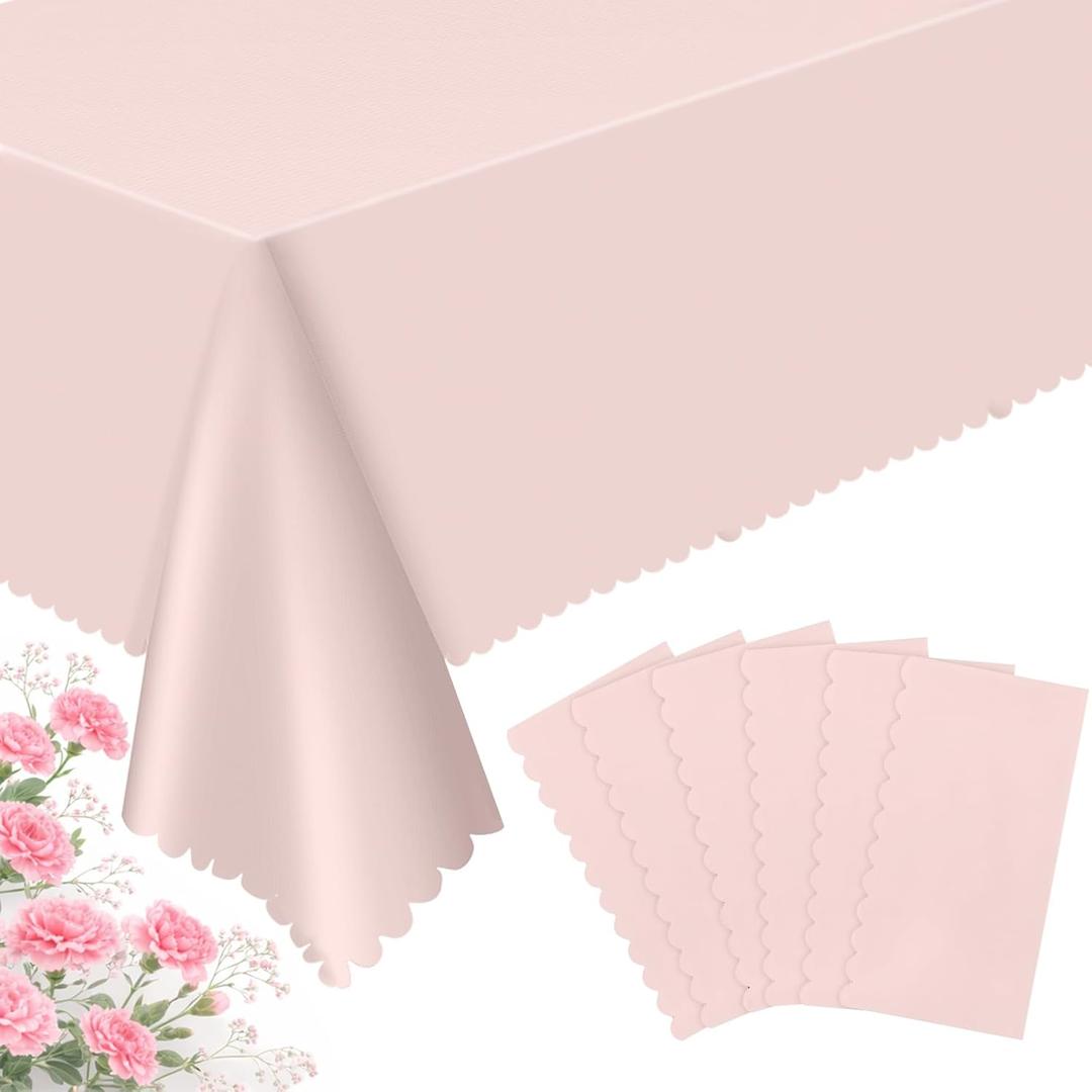 6 Pack Plastic Light Pink Tablecloths, 54 X 108Inch Baby Shower Tablecloth Scalloped Mother's Day Table Cloth for Rectangle Tables Disposable Table Cover for Easter Bridal Shower Tea Party Wedding