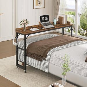 Overbed Table with Wheels, Queen Size Mobile Bed Desk with Adjustable Height, Computer Desk with Tilt Stand, Rolling Laptop Table, Recliner Desk for Home, Office, Hospital, Rustic Brown MTHR18101