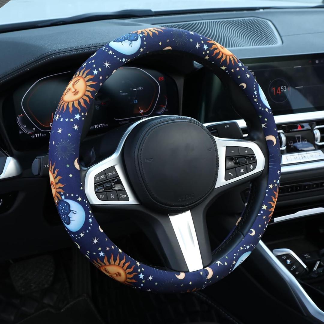 Astrology Sun Moon Celestial Steering Wheel Cover Auto Steering Wheel Protector, Anti-Slip, Breathable, Absorbing Sweat, Universal Car Accessories 14.515 inch,Fit for Most Car, Trucks, SUV