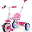Liberry 2 in 1 Toddler Tricycle Age 2 3 4 Years Old, Kids Trike with Light Up Wheels, Adjustable Push Handle, 3 Wheel Bike Outdoor Indoor Riding Toy for Girls Boys, Pink