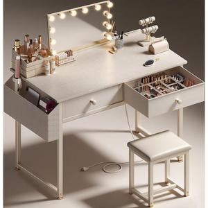 White Makeup Vanity Desk No Mirror with Chair, Small Vanity Table Set with Fabric Drawers, Power Outlet & Chair Without Mirror, Modern Make Up Desk for Girls Bedroom