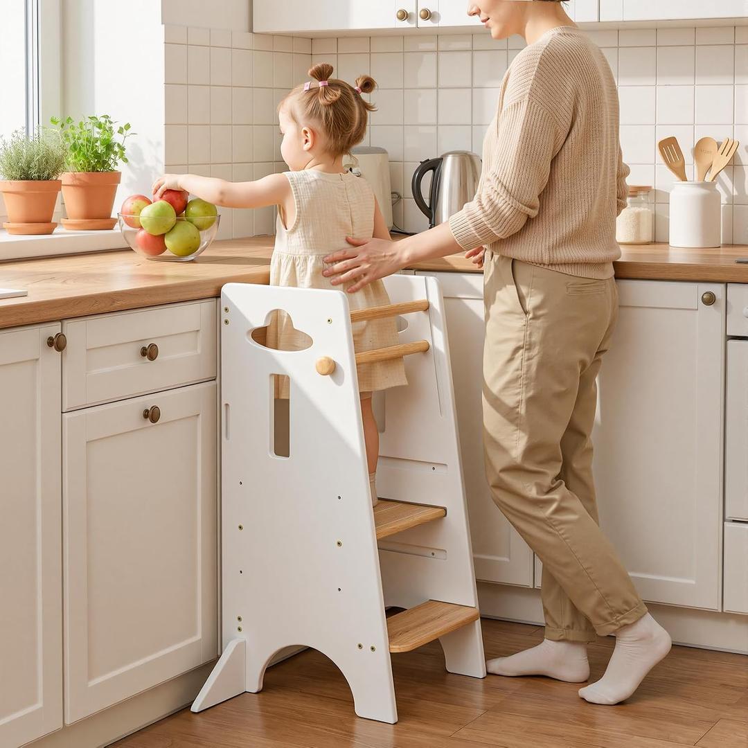 COSYLAND Toddler Standing Tower Adjustable Height (NO Wide Back Panel) - Super Stable Toddler Kitchen Stool Helper - 3 Levels Adjustable Wooden Kids Kitchen Stool (Natural & White)