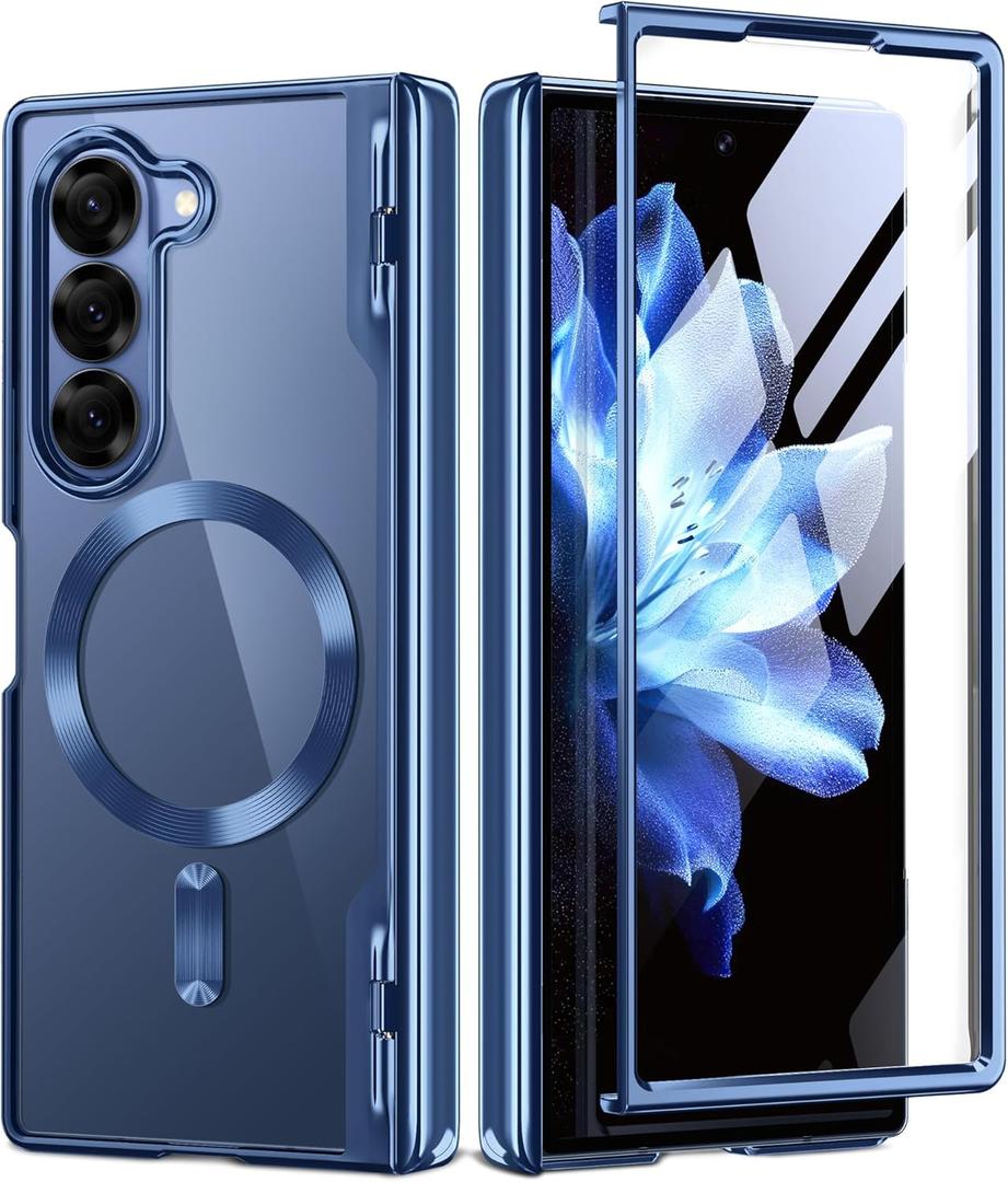 BERFY Upgraded Magnetic for Z Fold 6 Case, Compatible with Magsafe,[Built-in Screen Protector & Hinge Protection] Full-Body Plating Slim Shockproof Phone Case for Samsung Galaxy Z Fold 6 5g 2024, Blue
