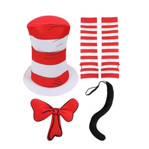 Wizland 5pcs Kid Cat Hat Kits for Read Book Day，Storybook Character Accessories with Gloves White Red Striped Hat, Bow Tie，Tail