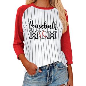 Womens 3/4 Sleeve Red Baseball Shirt for Mom Crewneck Patchwork Raglan Striped Print Baseball Tees  (L)