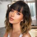 MINLEE Short Wavy Wig with Bangs for Women 14 Inch Ombre Brown Short Bob Wavy Curly Wig Brown Hair Wigs Heat Resistant Synthetic Wigs