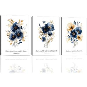 3 Pcs Framed Blue Botanical Floral Canvas Wall Art Religious Inspirational Nautical Style Bible Verse Floral Posters Prints Home Decor for Church Living Room Bedroom 16x24 inches Ready To Hang