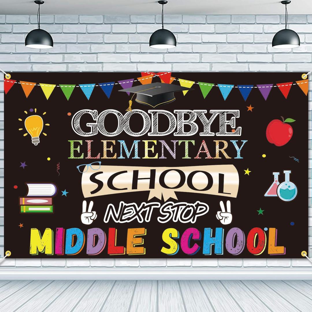 Goodbye Elementary School Next Stop Middle School Backdrop Banner 73 x 43 Inch Large Size Primary School Graduation Background Banner Party Decorations Congrats Grad Photo Booth Props