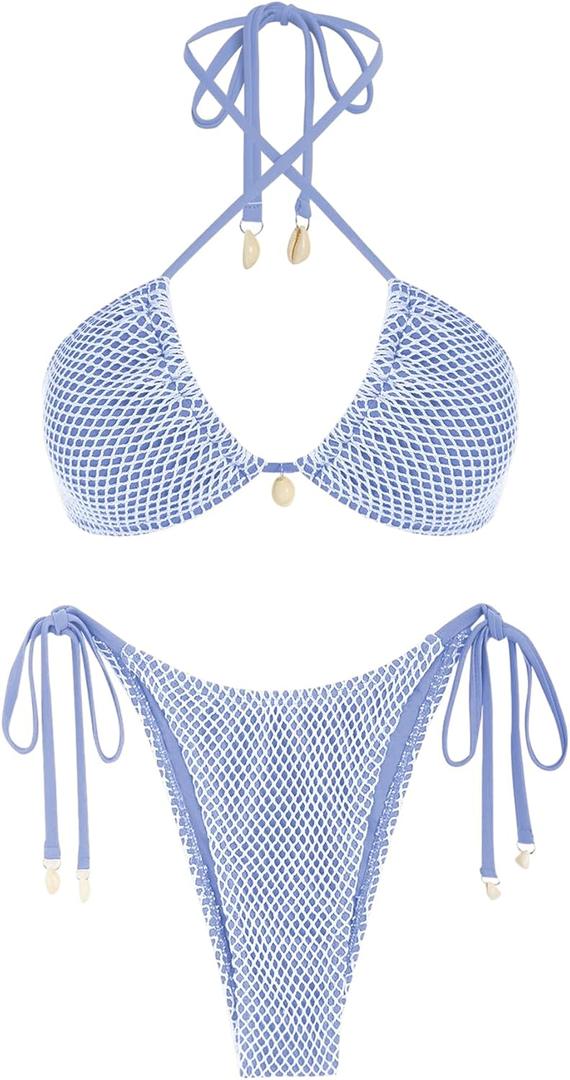 ZAFUL Women's Bikini Set Fishnet Triangle Tie Convertible Collar Halter Bandeau Shell Two Piece Bathing Suit (Medium, Blue)