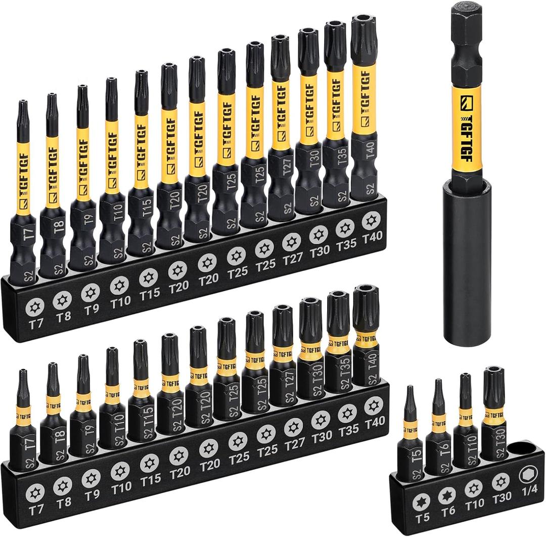 Impact Torx Bit Set 31PCS (T5 T6, TT7-TT40), 1 2 S2 Steel Security Torx, Tamper Proof Star Bit Set with Magnetic CNC Machined Tips, Impact Screwdriver Bits with Bit Holder Storage Case